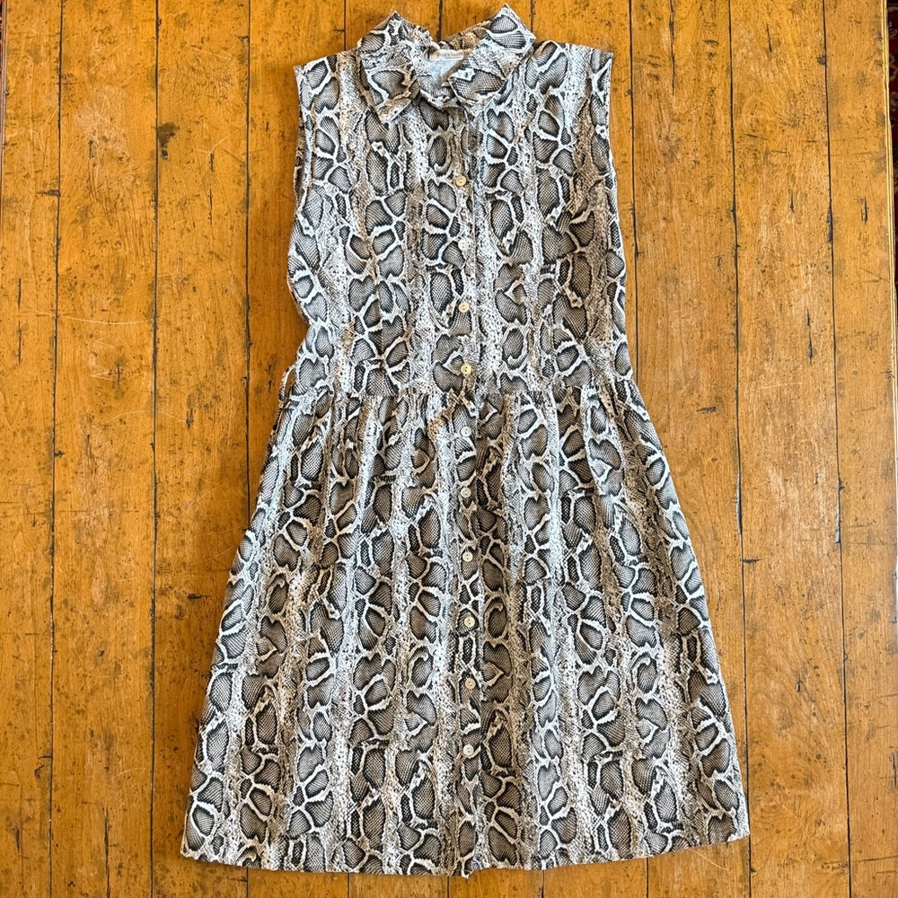 Linen Snake Print Sleeveless Button Front Dress